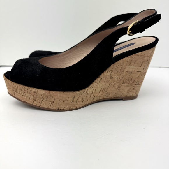 Stuart Weitzman Peep toe, Sling Back Platform Cork Wedge Sandals. Black Size 8.5 - Picture 2 of 12